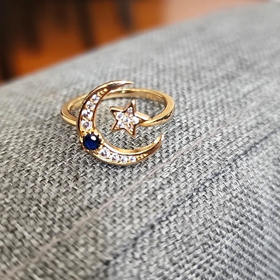 Sapphire Sterling 925 Gold Plated Crescent Moon And Star Ring Safire New 29$